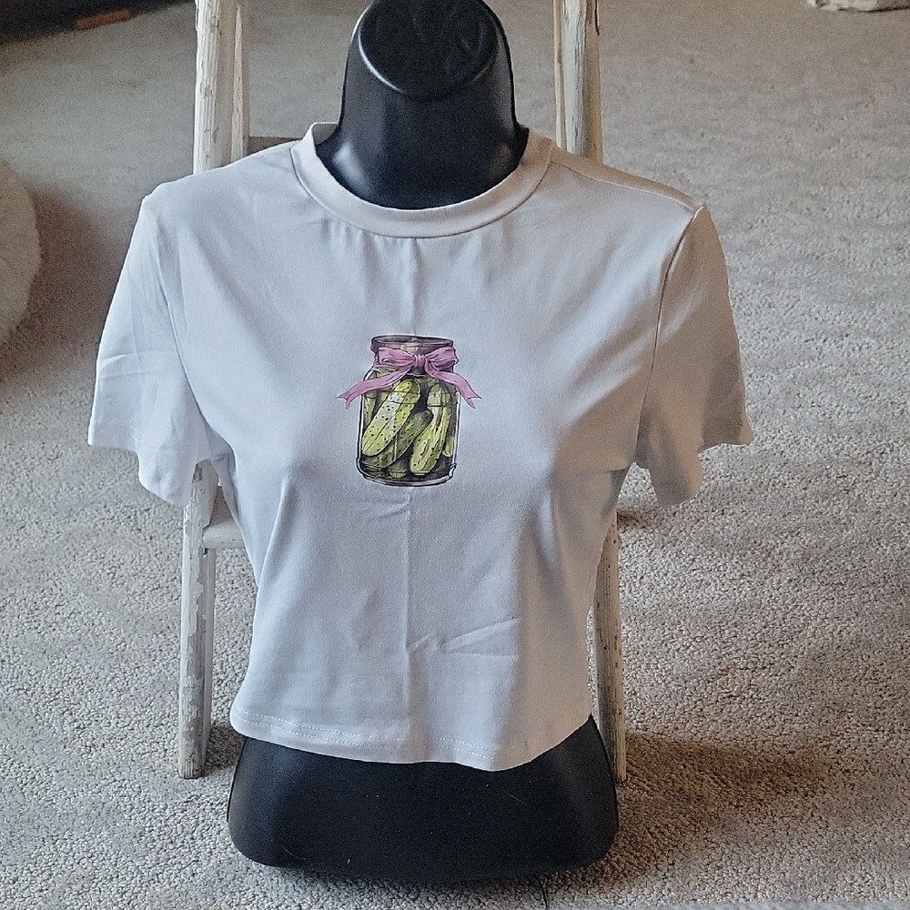 SHEIN White Tee with Pickle Jar Graphic